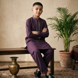 DEEP PLUM SILVER-EMBROIDERED COTTON KAMEEZ SHALWAR