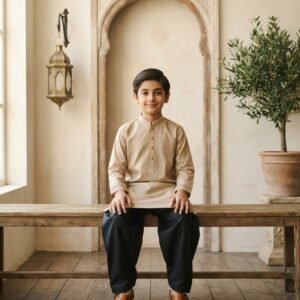 SAND BEIGE SELF-EMBROIDERED COTTON KAMEEZ SHALWAR